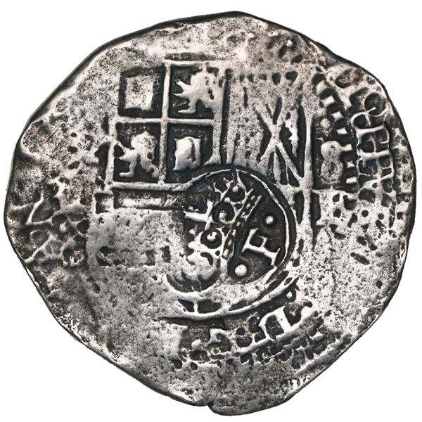 Potosi, Bolivia, cob 8 reales, Philip IV, assayer E (1651-2), with crowned-dot-F-dot countermark (tw