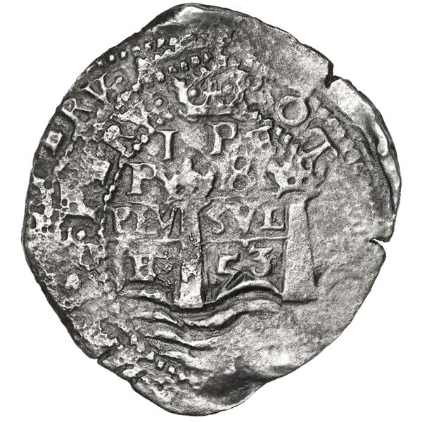 Potosi, Bolivia, cob 8 reales, 1653E, 1-PH-6 at top, rare.