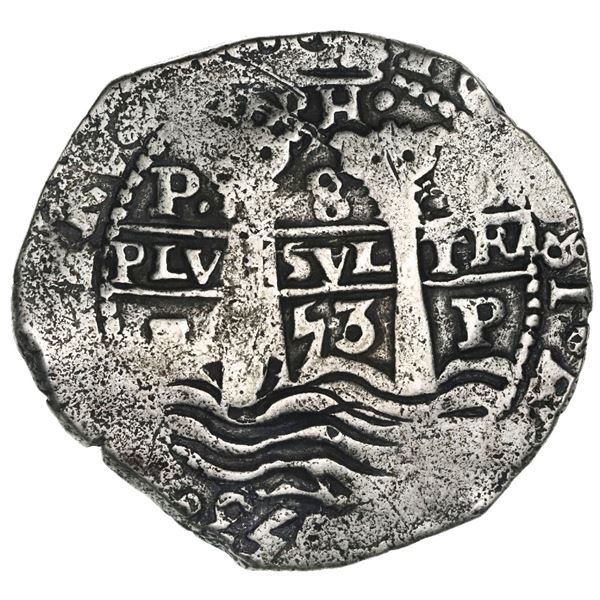 Potosi, Bolivia, cob 8 reales, 1653E, dot-PH-dot at top.