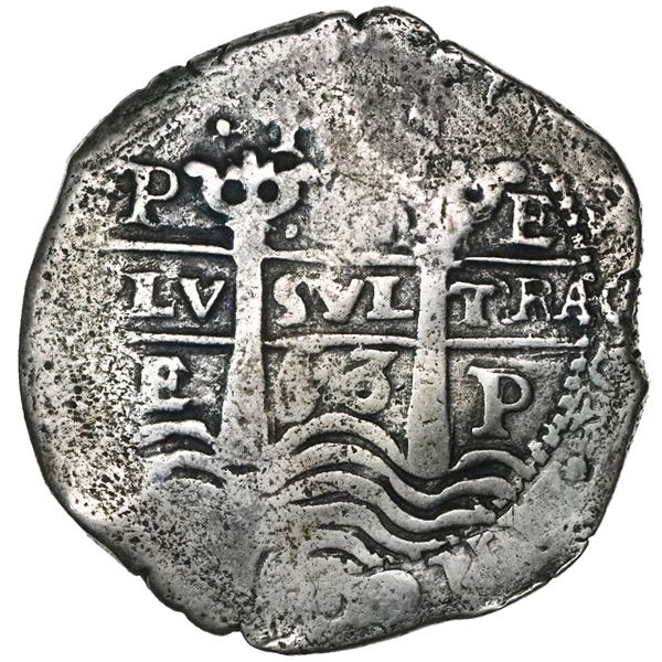 Potosi, Bolivia, cob 8 reales, 1653E, dot-PH-dot at top.