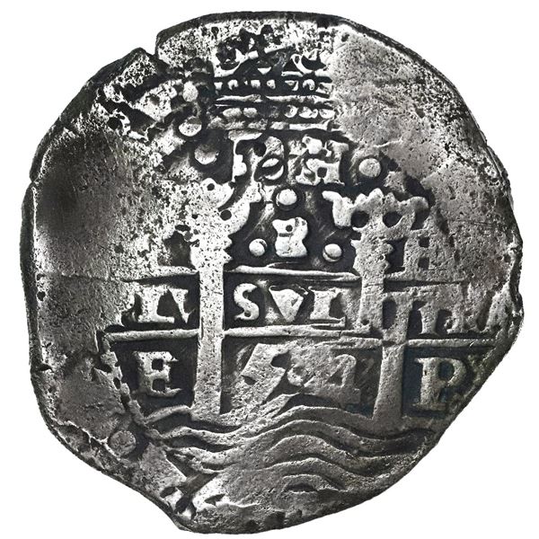 Potosi, Bolivia, cob 8 reales, 1654E, dot-PH-dot at top, denomination 8 above cross.