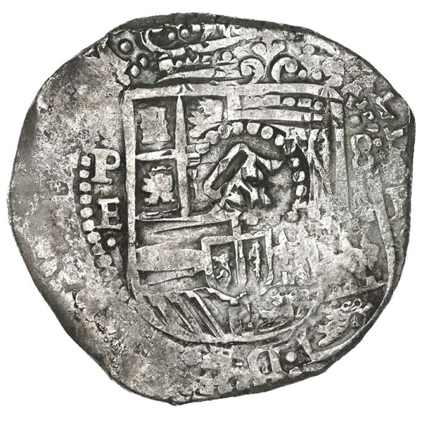 Potosi, Bolivia, cob 8 reales, 1651E, modern 5, with crown-alone (common variety) countermark on shi