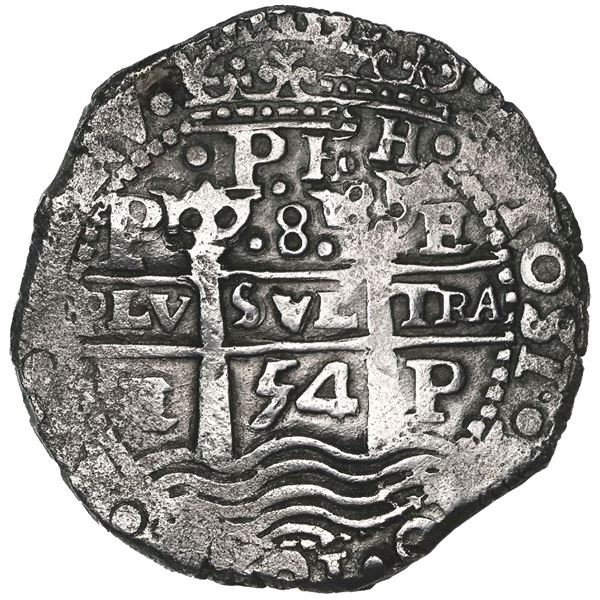 Potosi, Bolivia, cob 8 reales, 1654E, dot-PH-dot at top, pomegranate above cross.