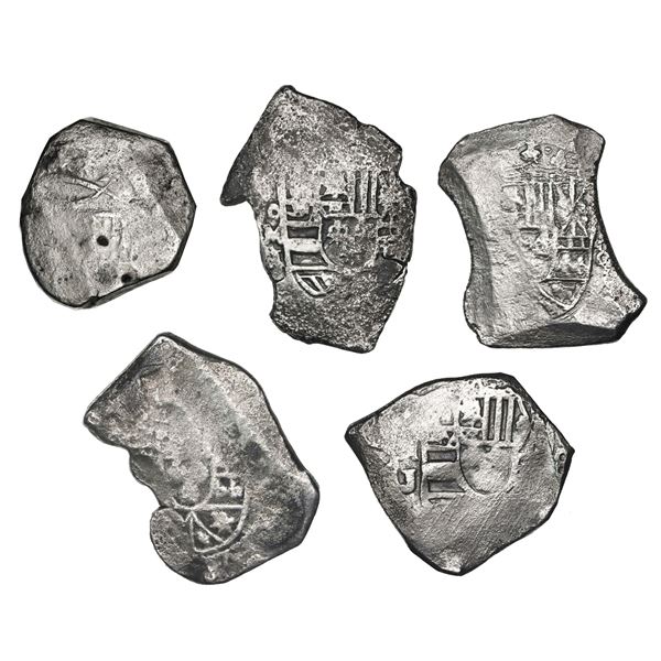 Lot of five Mexico City, Mexico, cob 8 reales, Charles II and Philip V, some with assayer J visible,