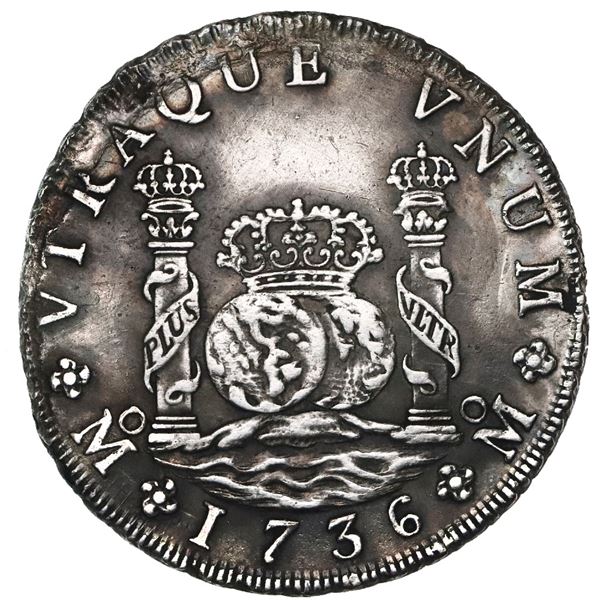 Mexico City, Mexico, pillar 8 reales, Philip V, 1736MF, small flan.