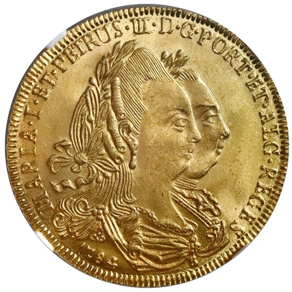 Brazil (Bahia mint), gold 6400 reis, Maria I and Pedro III, 1784-B, no dot after REGES, NGC MS 64+ /