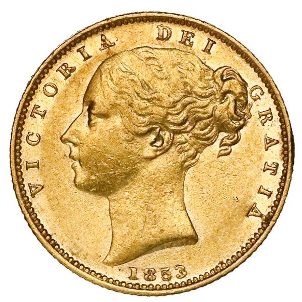 Great Britain (London, England), gold sovereign, Victoria (young head), 1853, WW in relief.