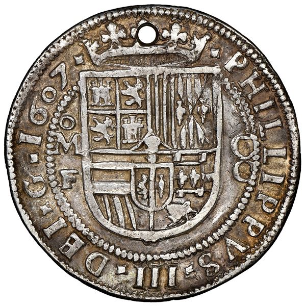 Mexico City, Mexico, cob 8 reales Royal (galano), 1607F, very rare, NGC XF details / holed, finest a