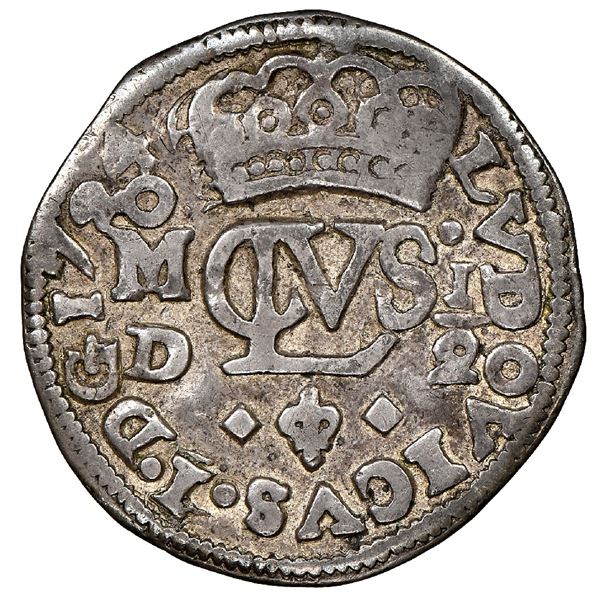 Mexico City, Mexico, cob 1/2 real Royal (galano), 1724D, Louis I, very rare, NGC VF 30, finest known