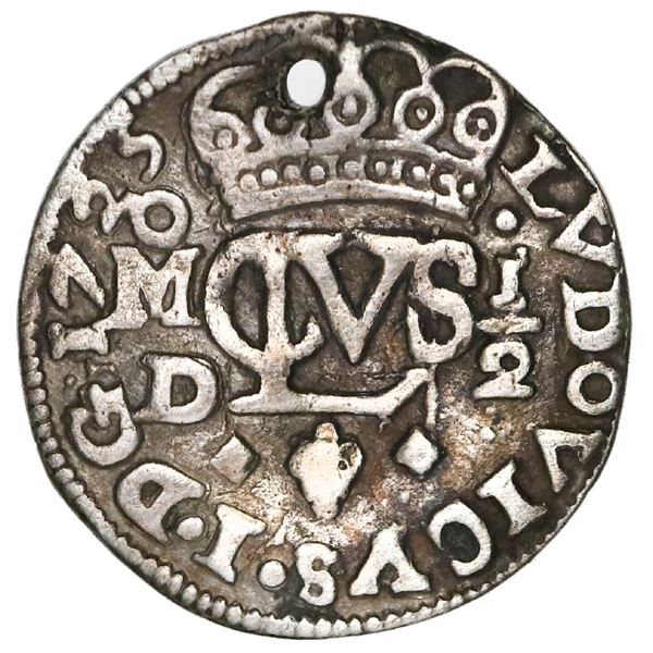 Mexico City, Mexico, cob 1/2 real Royal (galano), 1725D, Louis I, very rare.