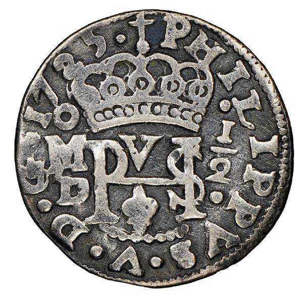Mexico City, Mexico, cob 1/2 real Royal (galano), 1725D, Philip V, extremely rare, NGC F 15, finest