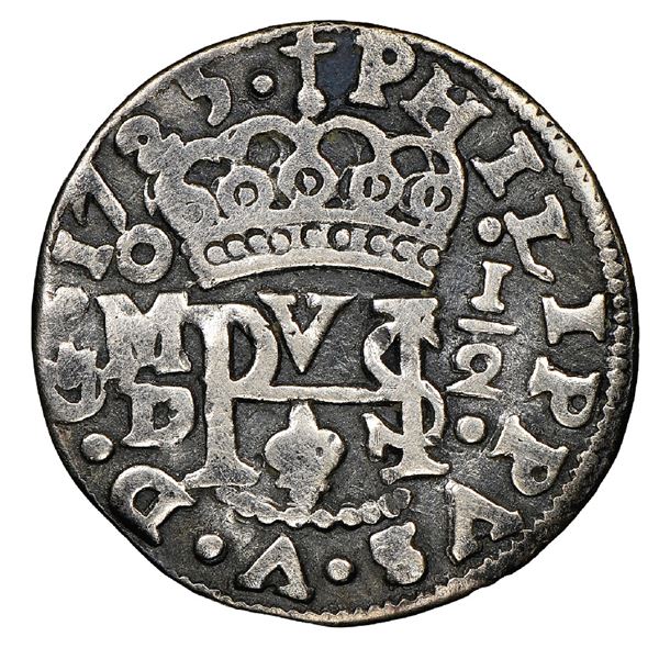 Mexico City, Mexico, cob 1/2 real Royal (galano), 1725D, Philip V, extremely rare, NGC F 15, finest 