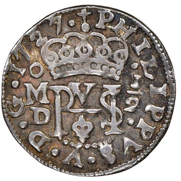 Mexico City, Mexico, cob 1/2 real Royal (galano), 1727/5D, very rare, NGC VF 30, finest and only exa