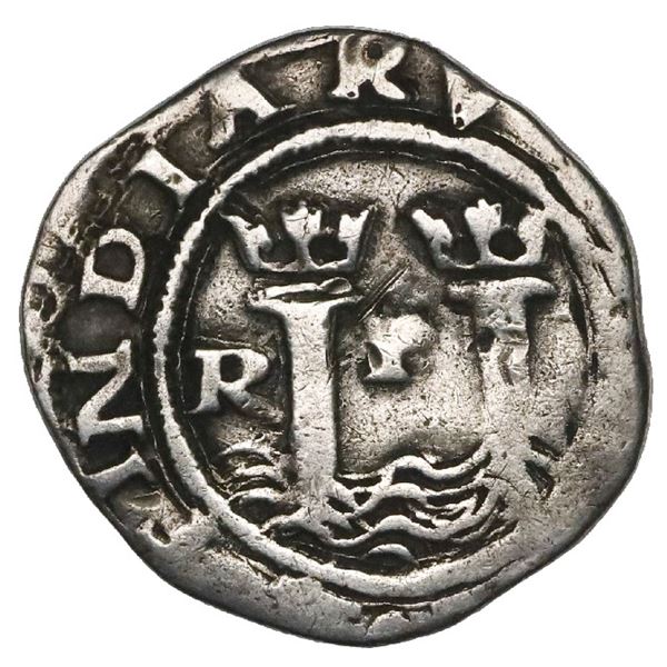 Lima, Peru, 1/2 real, Philip II, assayer R to left, legends HISP / ?.