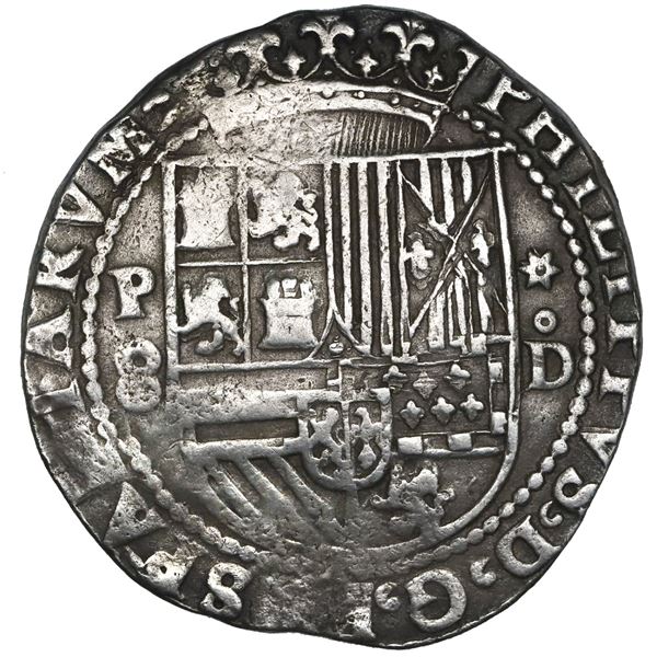 Lima, Peru, cob 8 reales, Philip II, assayer Diego de la Torre, P-8 to left, *-oD to right.
