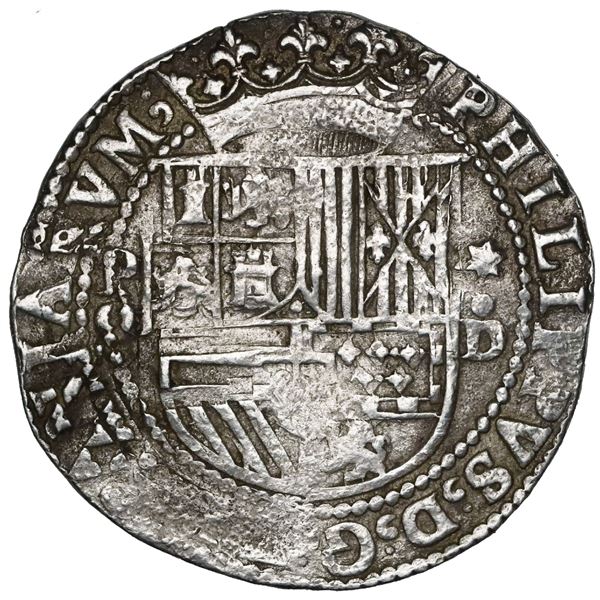 Lima, Peru, cob 8 reales, Philip II, assayer Diego de la Torre, P-8 to left, *-oD to right.