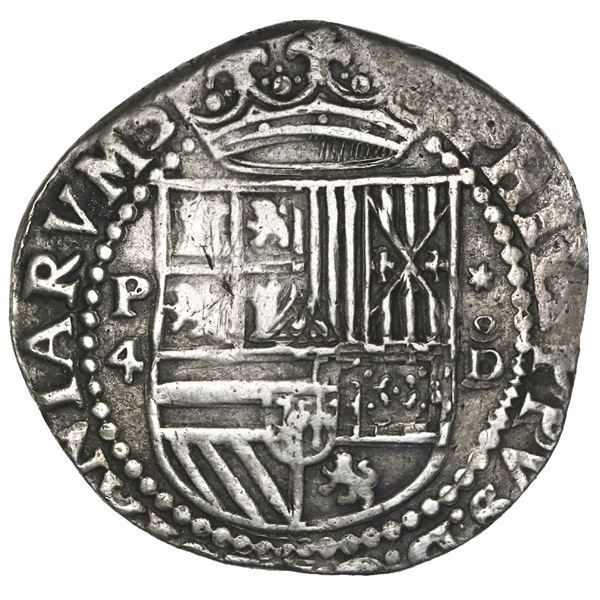 Lima, Peru, cob 4 reales, Philip II, assayer Diego de la Torre, P-4 to left, *-oD to right.