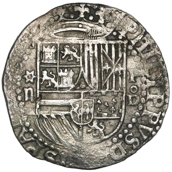 Lima, Peru, cob 2 reales, Philip II, assayer Diego de la Torre, *-ii to left, P-oD to right.