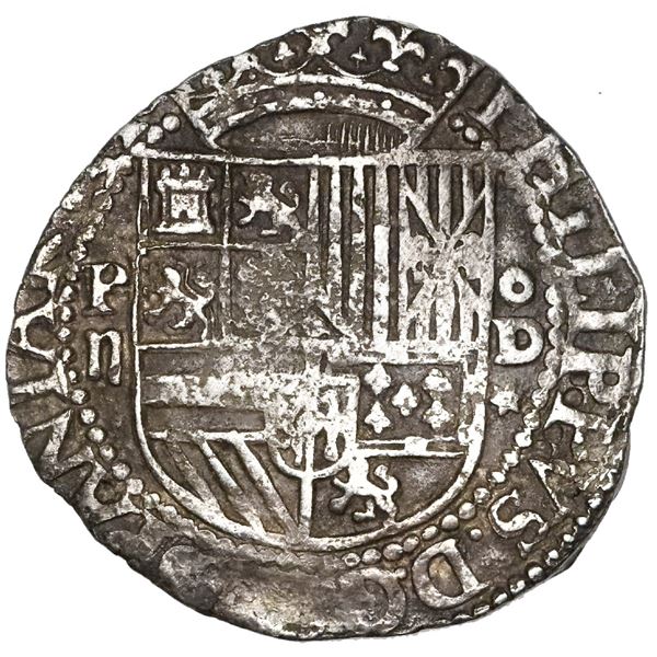 Lima, Peru, cob 2 reales, Philip II, assayer Diego de la Torre, P-ii to left, oD-* to right.