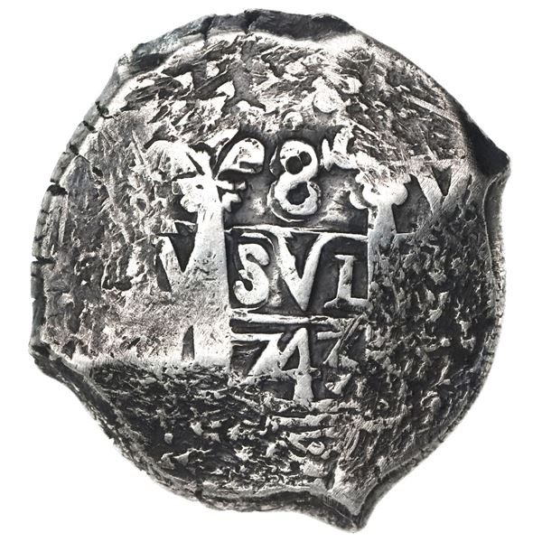 Lima, Peru, cob 8 reales, 1743V, rare.