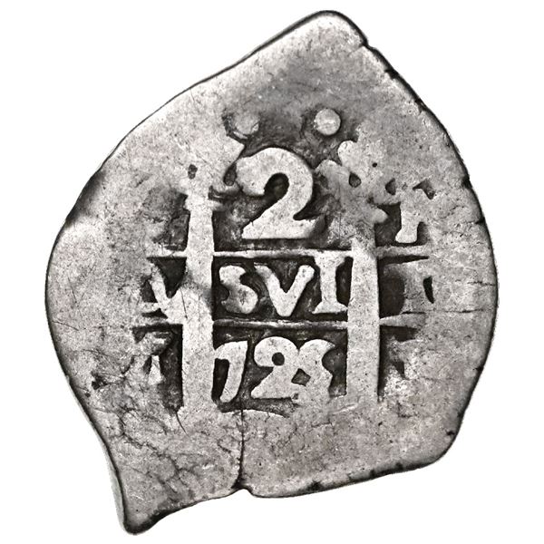 Lima, Peru, cob 2 reales, 1725M, Louis I, very rare.