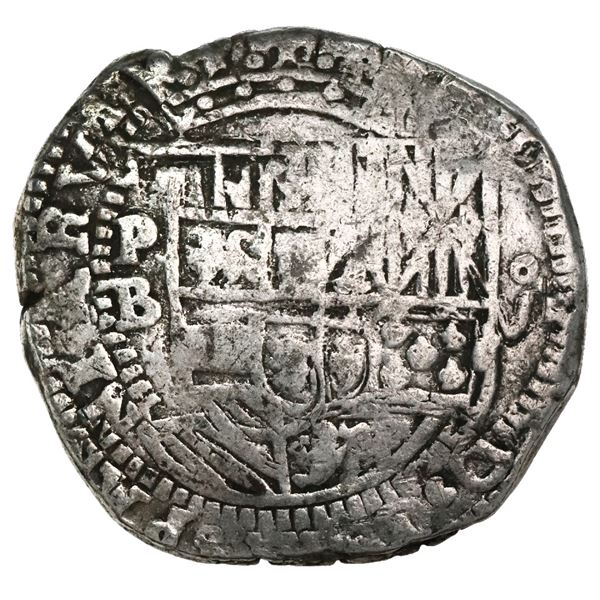 Potosi, Bolivia, cob 8 reales, Philip II, assayer B (5th period).