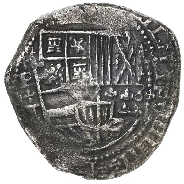 Potosi, Bolivia, cob 8 reales, Philip IV, assayer T, crosslet-cross ornaments (1630-1).