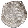 Image 2 : Potosi, Bolivia, cob 1 real, Philip II, assayer R (Rincon) to right, with Lima lion in lower-left qu