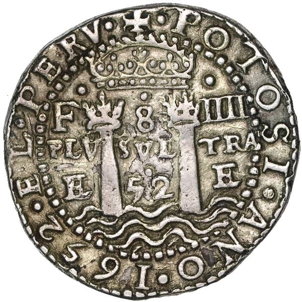 Potosi, Bolivia, cob 8 reales Royal (galano), 1652E Transitional Type V/A, very rare.