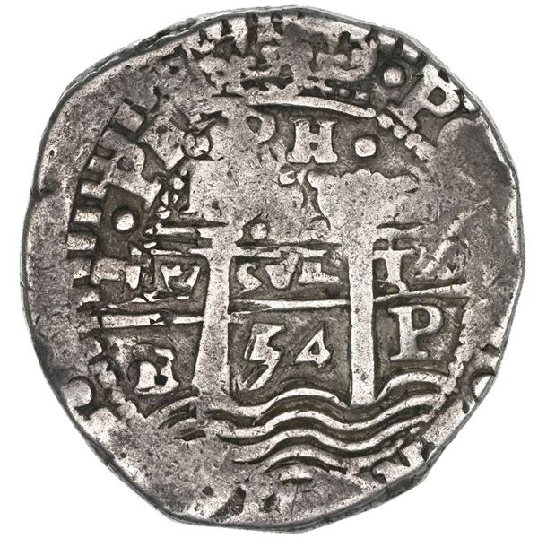 Potosi, Bolivia, cob 8 reales, 1654E, dot-PH-dot at top, pomegranate above cross.