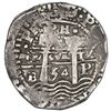 Image 1 : Potosi, Bolivia, cob 8 reales, 1654E, dot-PH-dot at top, pomegranate above cross.