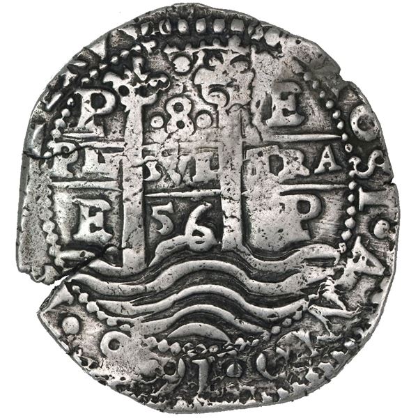 Potosi, Bolivia, cob 8 reales, 1656E, no PH at top, denomination above cross.