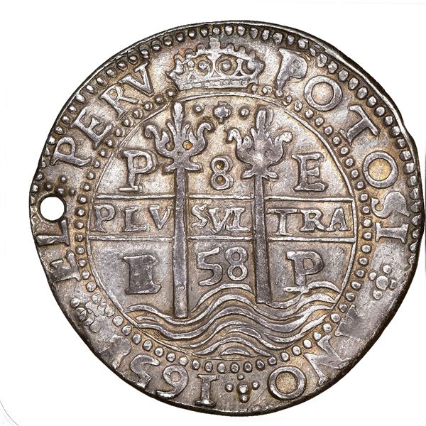 Potosi, Bolivia, cob 8 reales Royal (galano), 1658E, dot-pomegranate-dot at top on both sides, NGC A