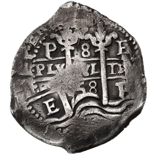 Potosi, Bolivia, cob 8 reales, 1658E, pomegranate above cross, quadrants of cross transposed (very r