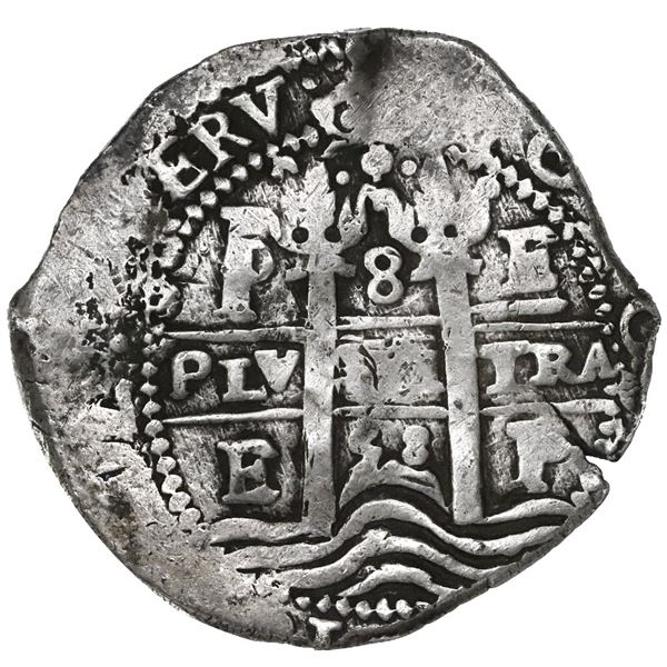 Potosi, Bolivia, cob 8 reales, 1658E, pomegranate above cross.