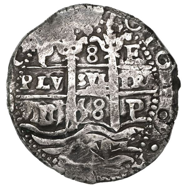 Potosi, Bolivia, cob 8 reales, 1658E, denomination 8 above cross (rare).