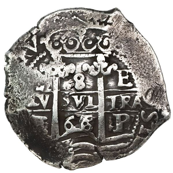 Potosi, Bolivia, cob 8 reales, 1666E, date as 66 between pillars and 666 below cross.