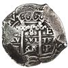 Image 1 : Potosi, Bolivia, cob 8 reales, 1666E, date as 66 between pillars and 666 below cross.