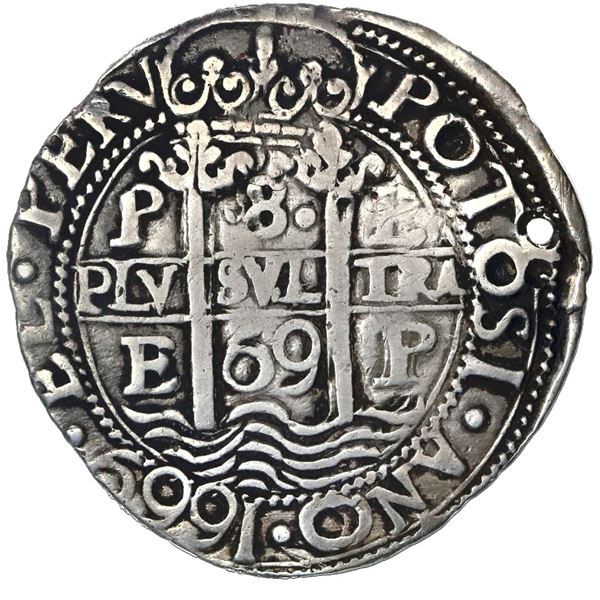 Potosi, Bolivia, cob 8 reales Royal (galano), 1669/8E, rare, NGC VF details / holed.