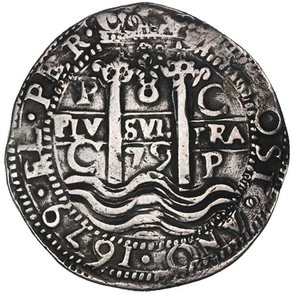 Potosi, Bolivia, cob 8 reales Royal (galano), 1679C, rare, NGC VF details / plugged, finest and only