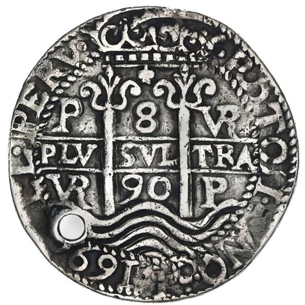 Potosi, Bolivia, cob 8 reales Royal (galano), 1690VR, NGC XF details / holed.