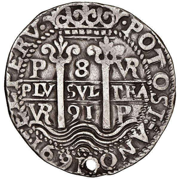 Potosi, Bolivia, cob 8 reales Royal (galano), 1691VR, rare, NGC VF details / holed.