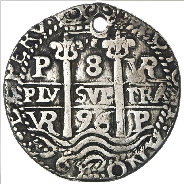 Potosi, Bolivia, cob 8 reales Royal (galano), 1696VR, NGC VF details / holed, finest and only exampl