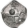 Image 2 : Potosi, Bolivia, cob 8 reales, 1727Y, Louis I, rare, with Guatemala sun-over-mountains countermark (