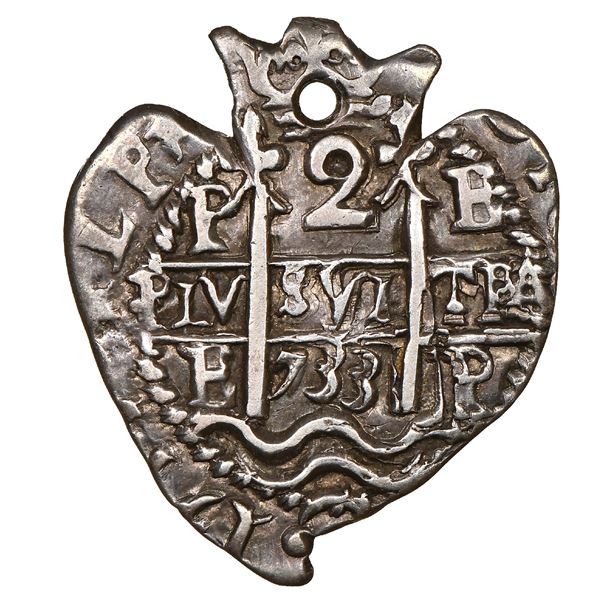 Potosi, Bolivia, cob 2 reales Heart, 1733E, unique, NGC AU 50.