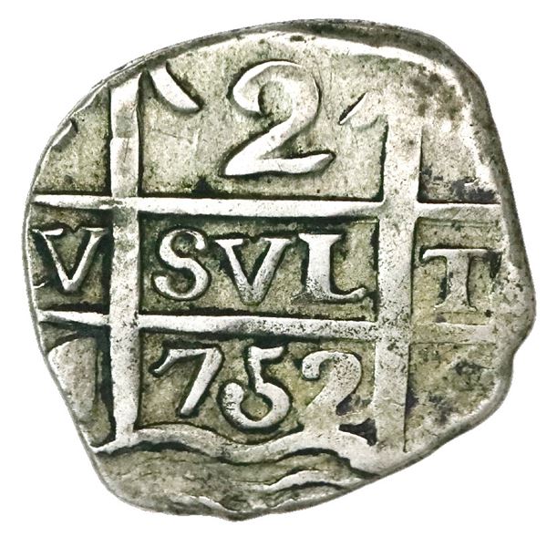 Tucuman, Argentina, "imitation cob" 2 reales, date "752" (struck 1820-24), proper quadrants, oval at