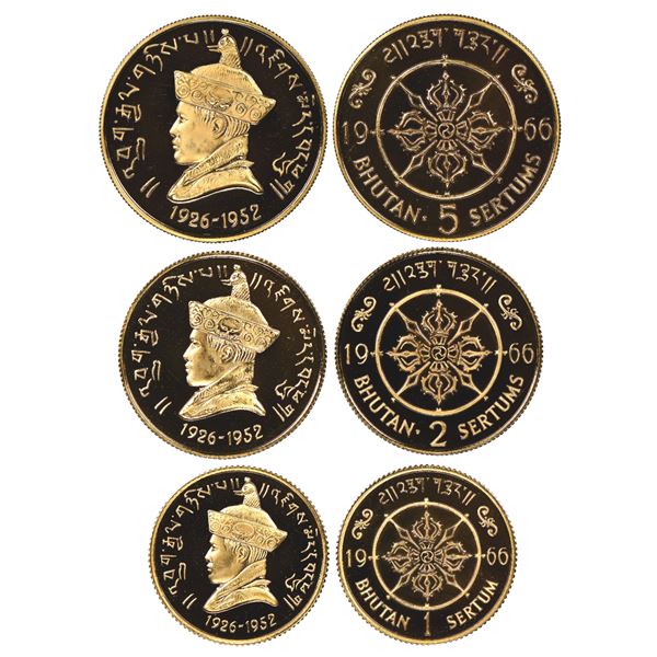 Set of three Bhutan gold proof 5, 2, and 1 sertums, 1966, Jigme Wangchuk, 40th anniversary of access