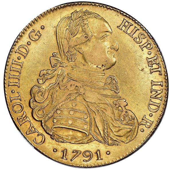 Potosi, Bolivia, gold bust 8 escudos, Charles IV (laureate bust), 1791PR, very rare one-year type, N