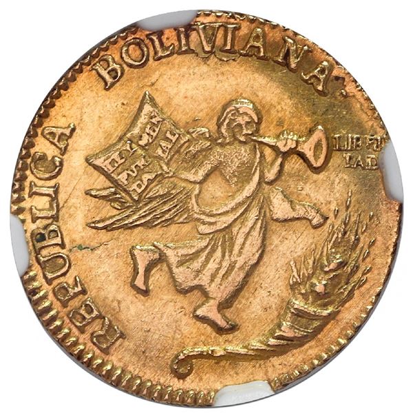 Potosi, Bolivia, gold 1 scudo (medallic coinage), 1839, Constitution, very rare (two known), NGC MS 
