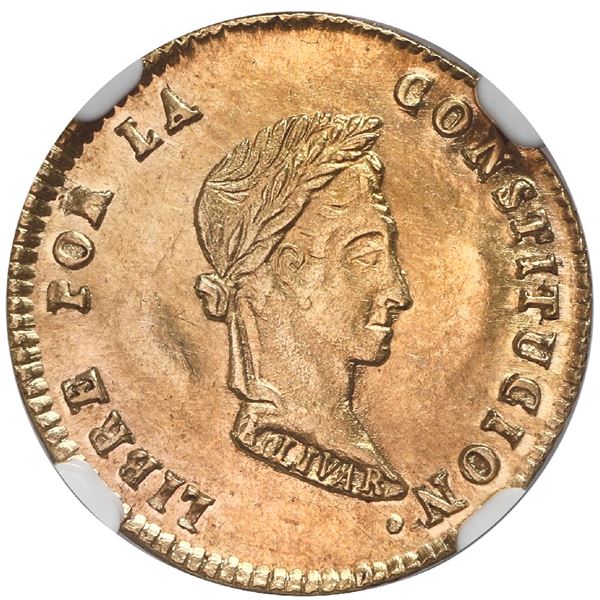 Potosi, Bolivia, gold 1 scudo, 1853MJ, NGC MS 62.